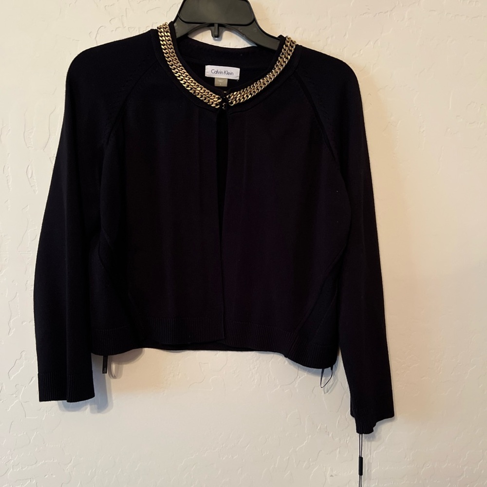 Calvin Klein Black Cardigan with Gold Chain Accent